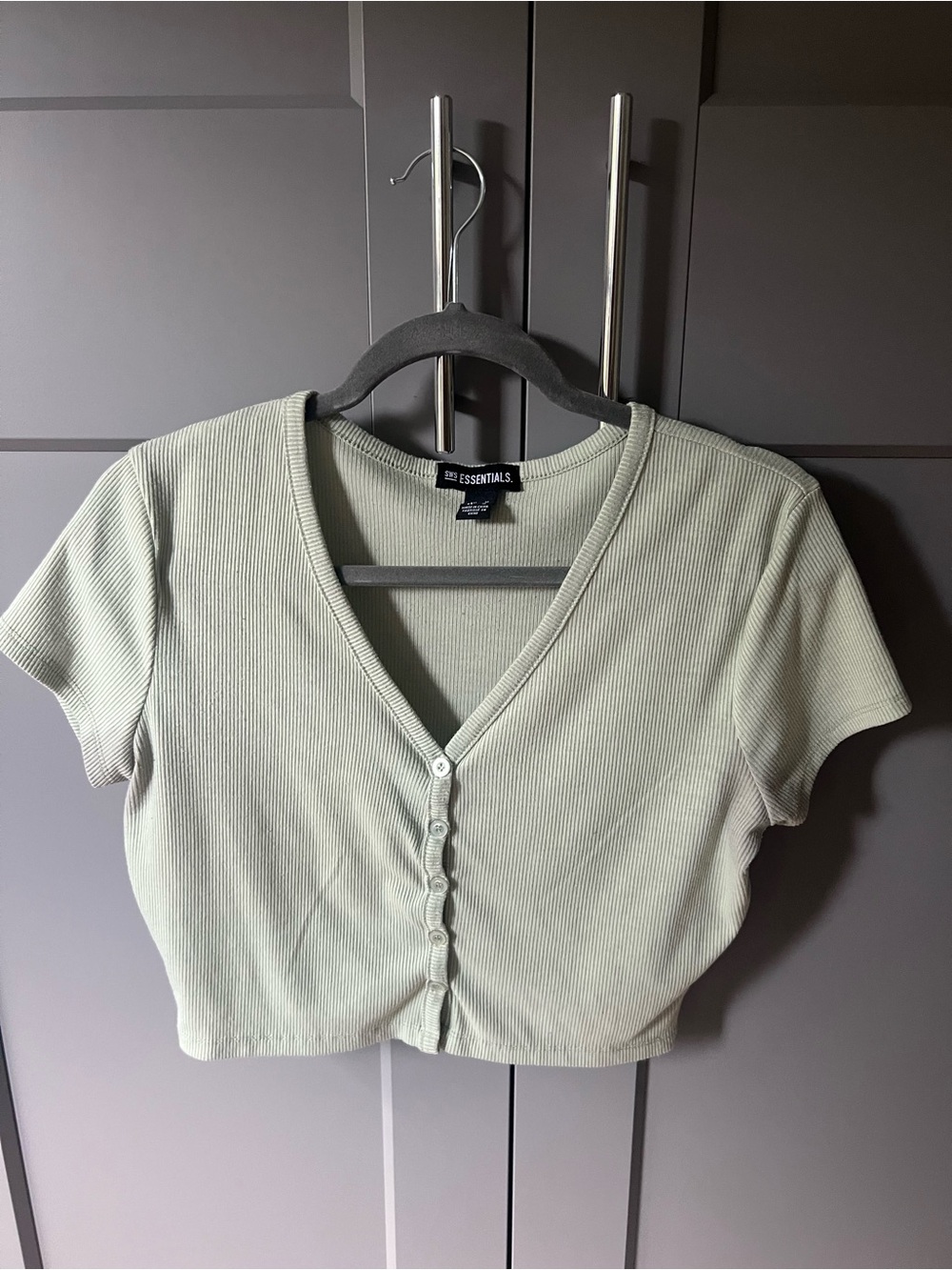 Essentials Ribbed V-Neck Button Crop Top in Sage Green